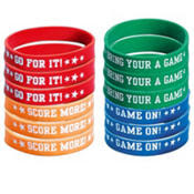 baseball themed rubber bracelets in red, orange, green, and blue