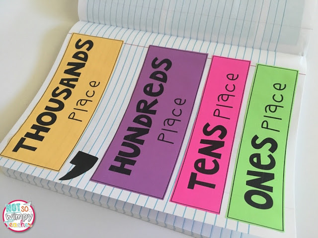 colorful place value strips in notebook