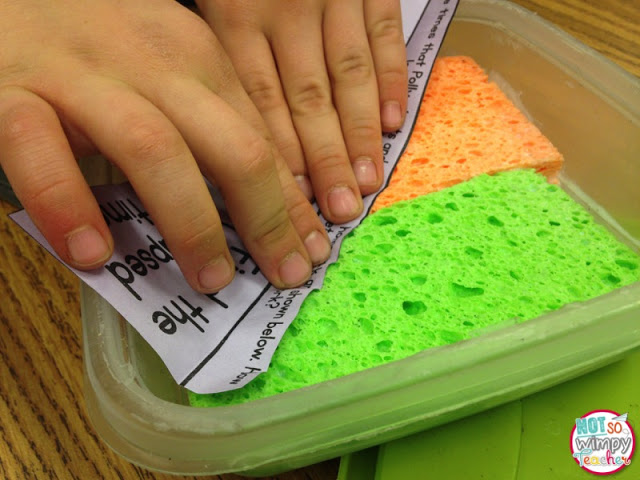 Student coating a paper with glue from a sponge