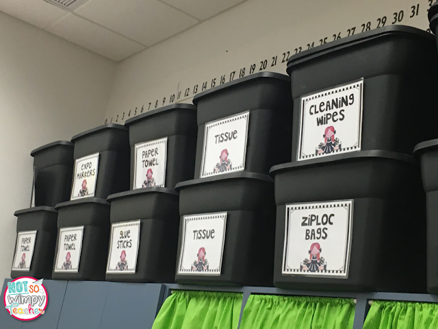 Sports Theme Classroom Supply Organization from Not So Wimpy Teacher