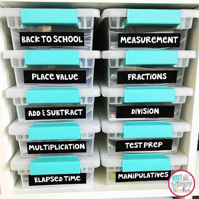Store math center activities in clear bins