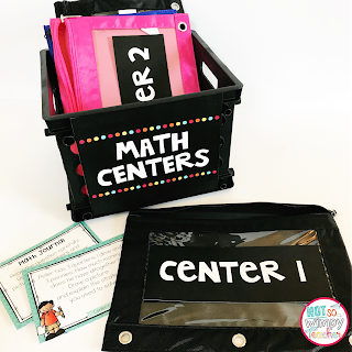 Math centers stored in pencil cases and crate