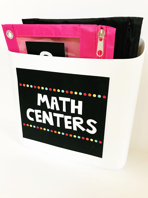 Math centers bucket with zipper pouches inside