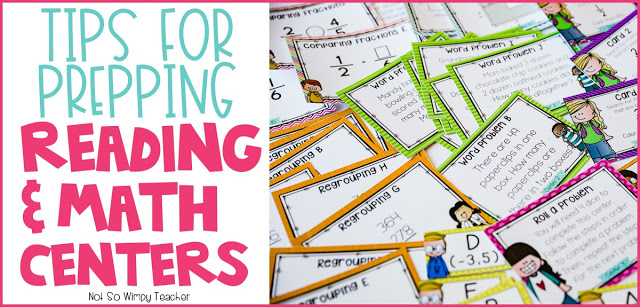 This image says "Tips for Prepping Reading and Math Centers" and it filled with helpful tips for organizing center materials. 