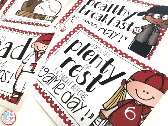 This game day test prep activity uses a baseball them to get kids involved; posters showing kids in baseball gear with testing strategies