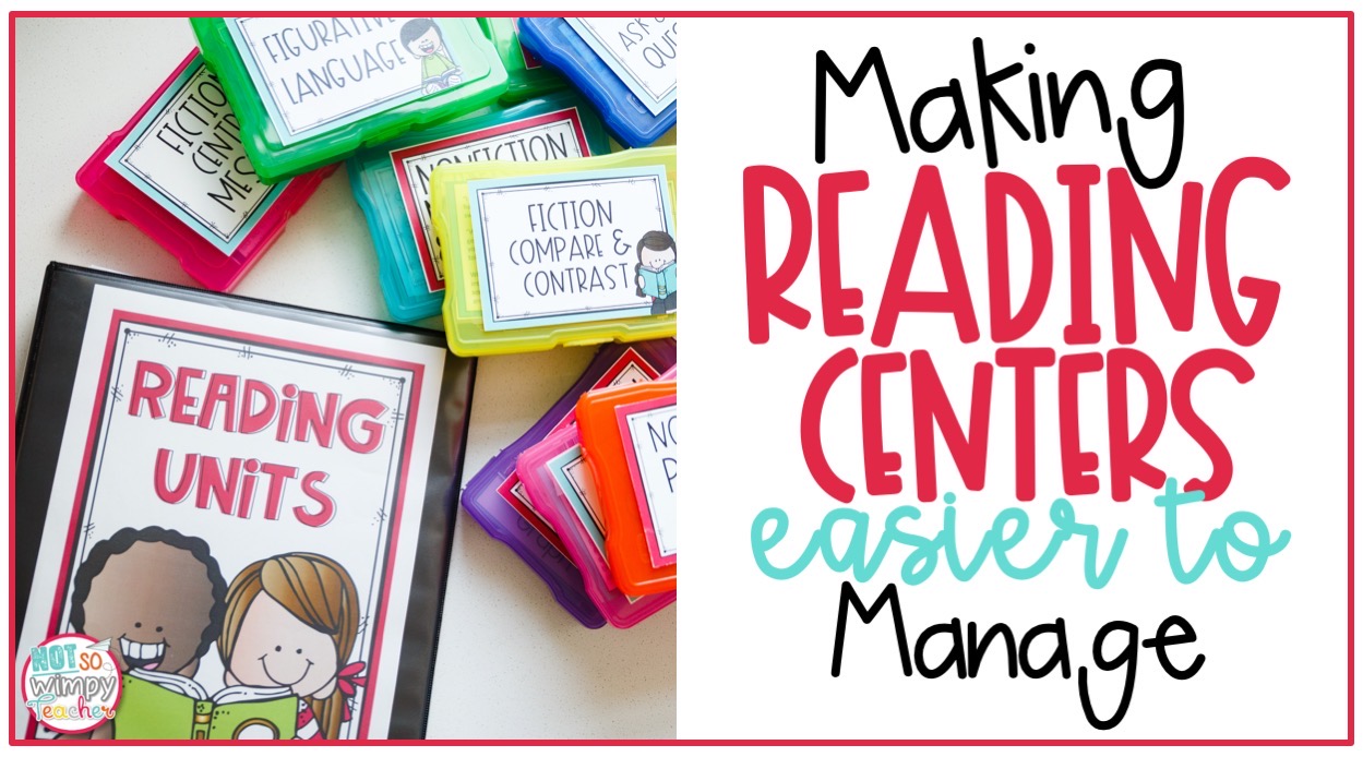 brightly colored boxes with text overlay making reading centers easier to manage