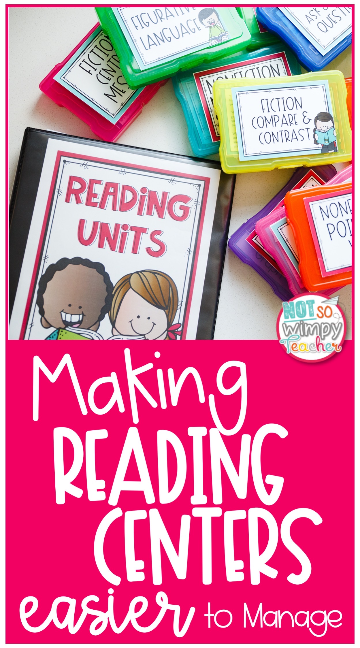 brightly colored boxed with text overlay making reading centers easier to manage