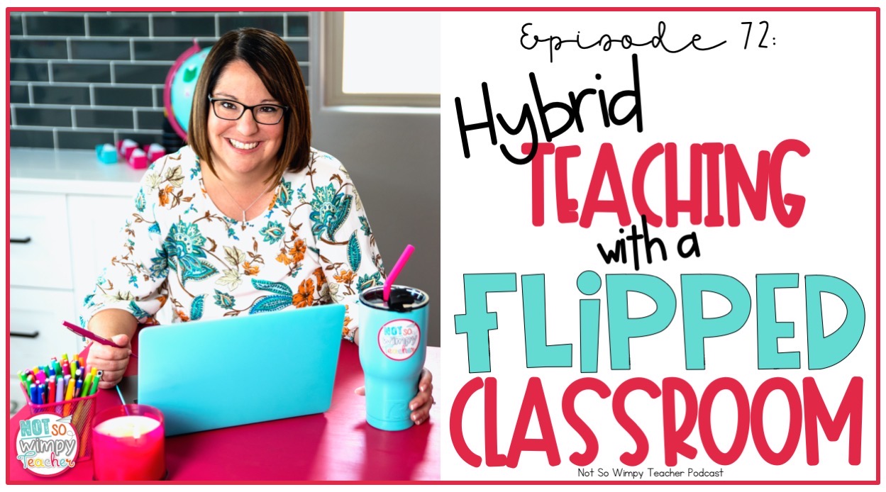smiling teacher with a laptop and text overlay hybrid teaching with a flipped classroom