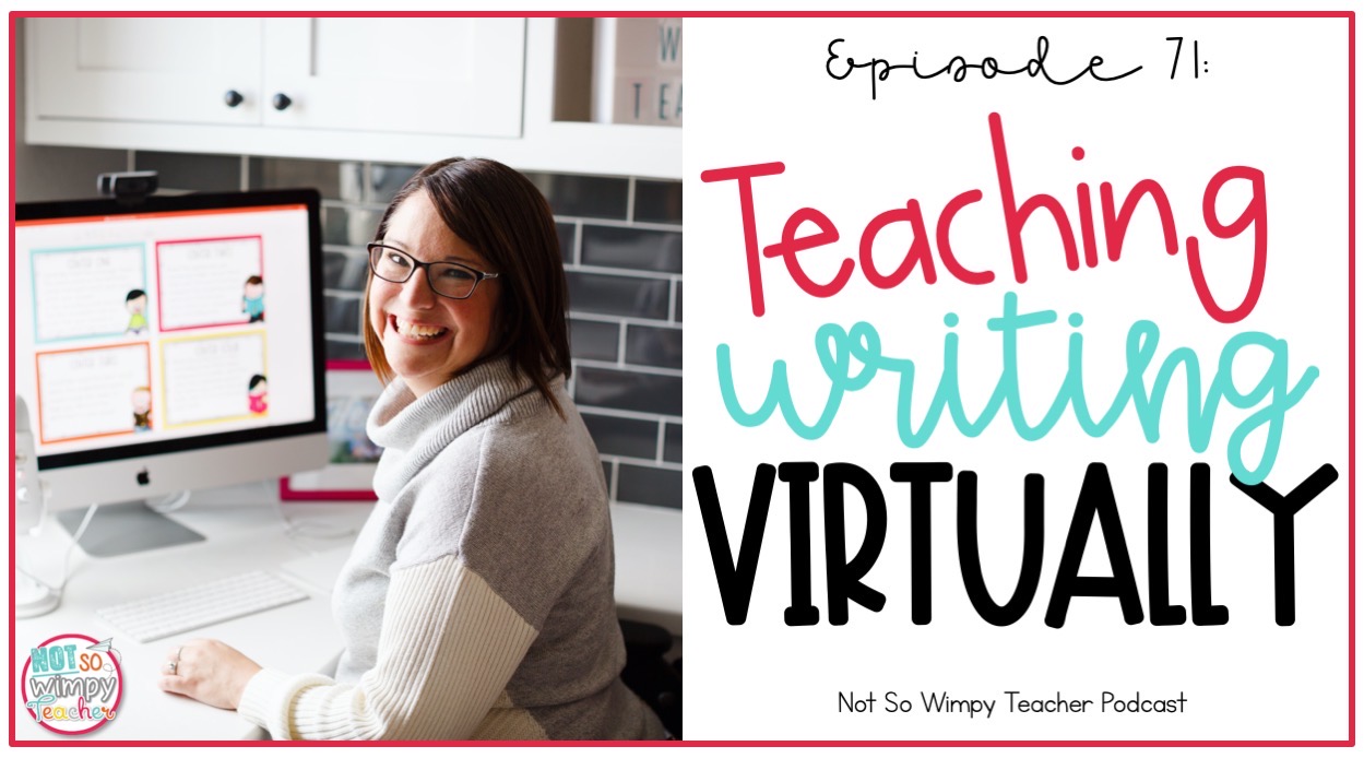 smiling teacher teaching writing virtually at desk