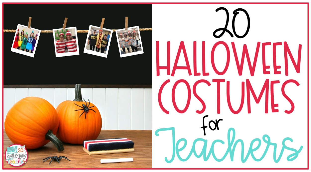 pictures of teachers wearing halloween costumes hanging over desk with 2 pumpkins
