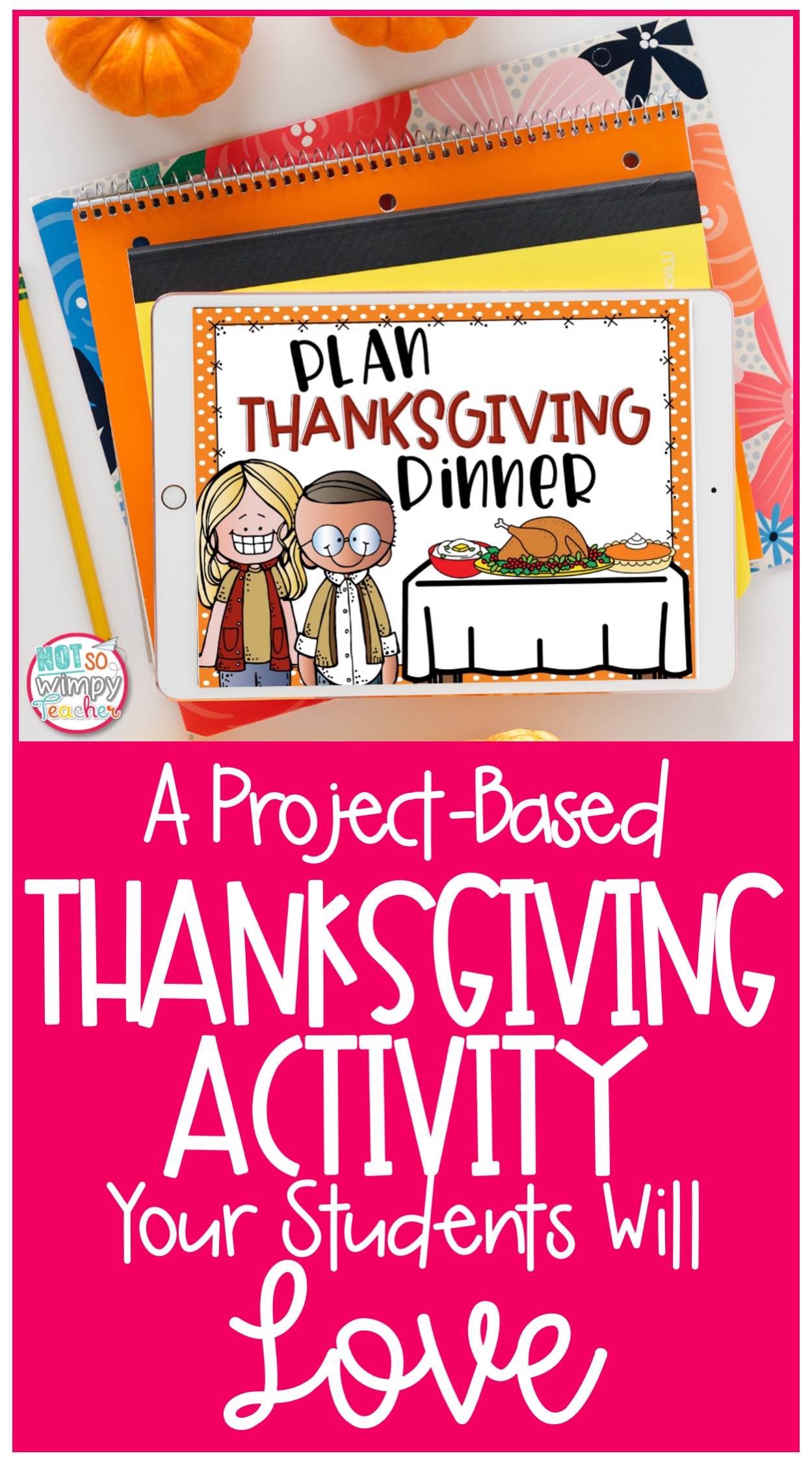 Thanksgiving digital math activity displayed on ipad with stack of notebooks