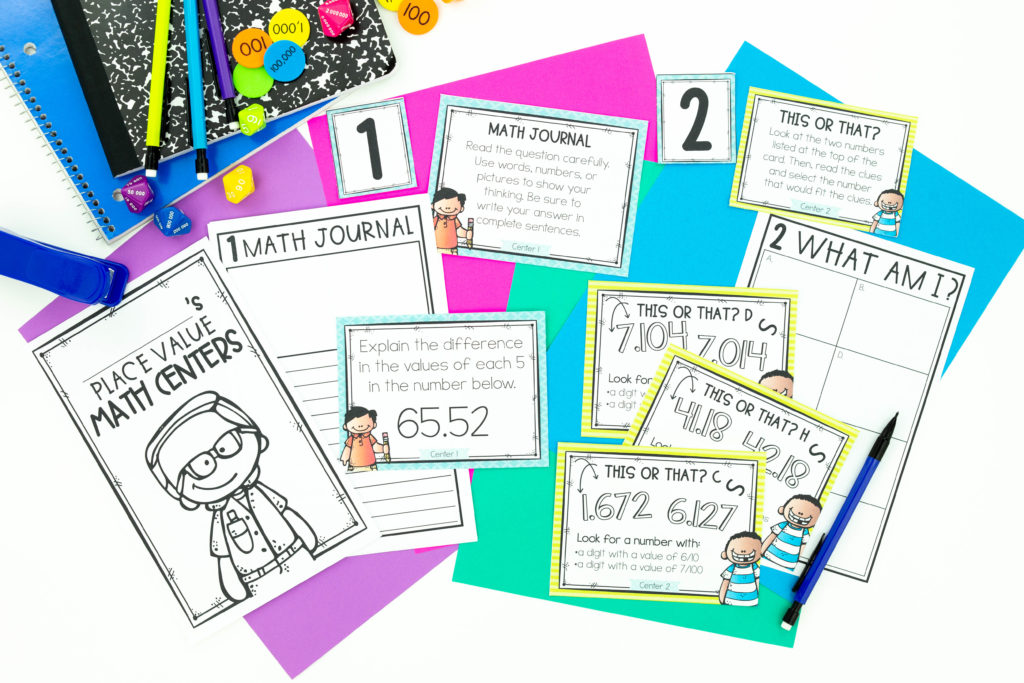 Task cards, math journal, notebooks, and math manipulatives for improving the quality of student work in centers