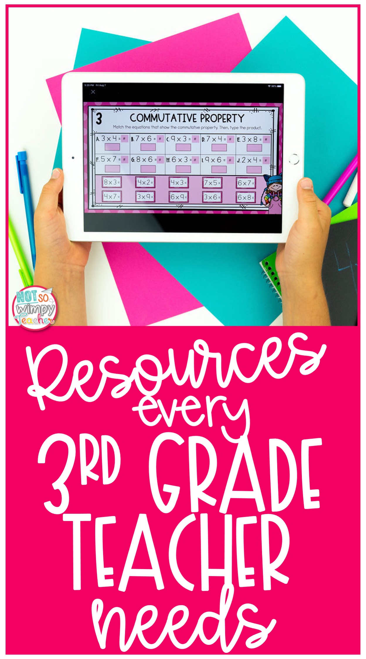 student holding ipad with digital multiplication activity with text overlay resources every 3rd grade teacher needs