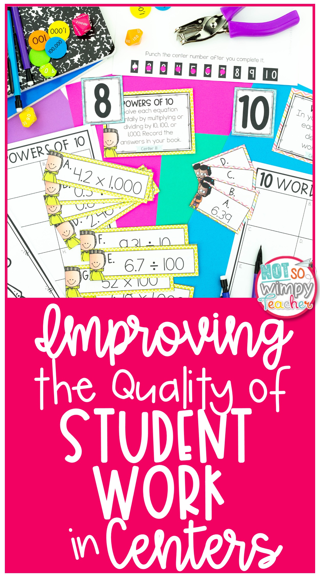 Pin featuring images of math center supplies for Improving the Quality of Student Work in Centers 