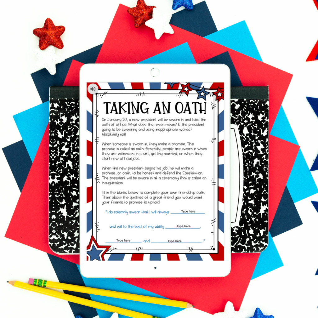 Taking an Oath activity from Inauguration Day resource on white iPad