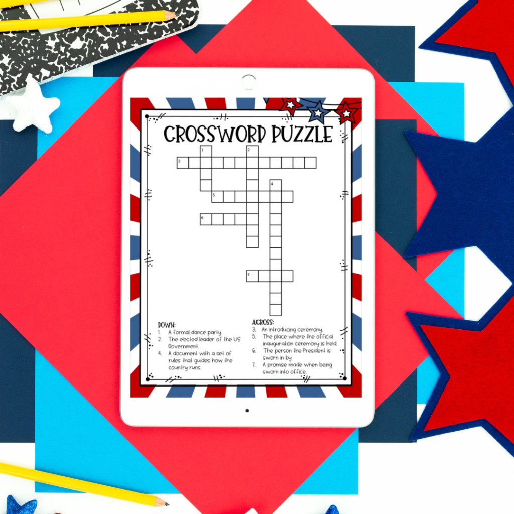 crossword puzzle from inauguration day resource with red, white and blue border on white iPad