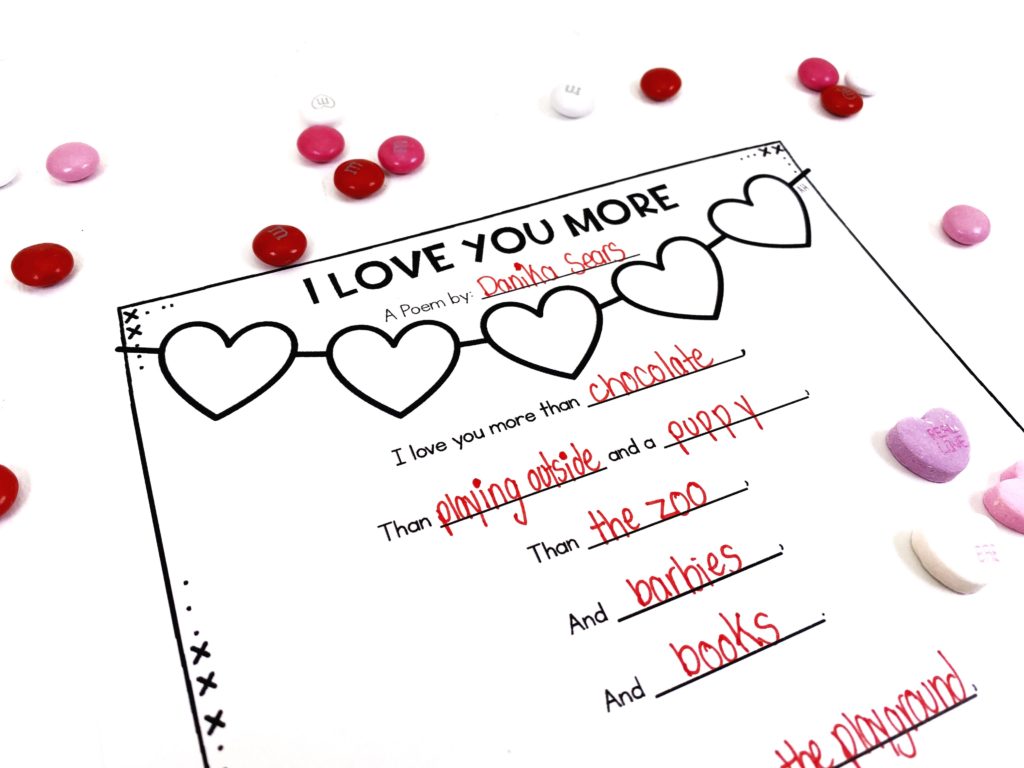 Valentine's Day activities example, "I love you more" fill in the blank poems
