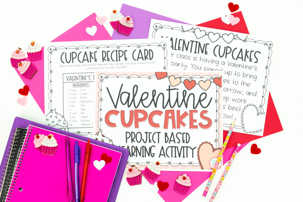 Printable pages of Valentine Cupcakes project based earning activity with notebooks, pencils, pens and cupcakes