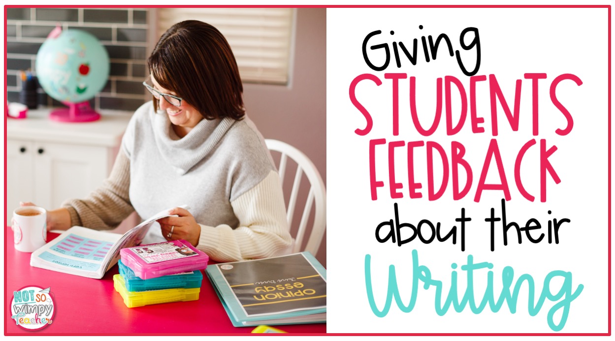 Teacher with coffee sitting at desk looking at a book cover image for giving students feedback about their writing