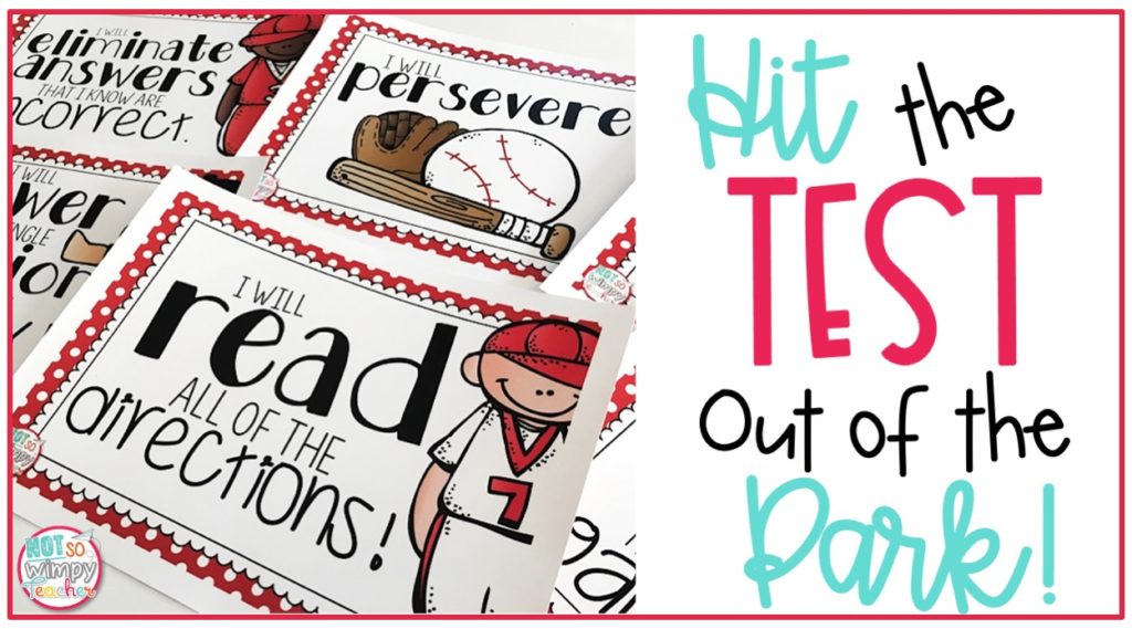 Hit the test out of the park test prep tips cover image with printable pages with positive testing strategy statements with baseball players, a bat, glove, and ball