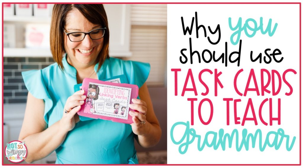 Teacher in teal top holding a task card to teach grammar cover image