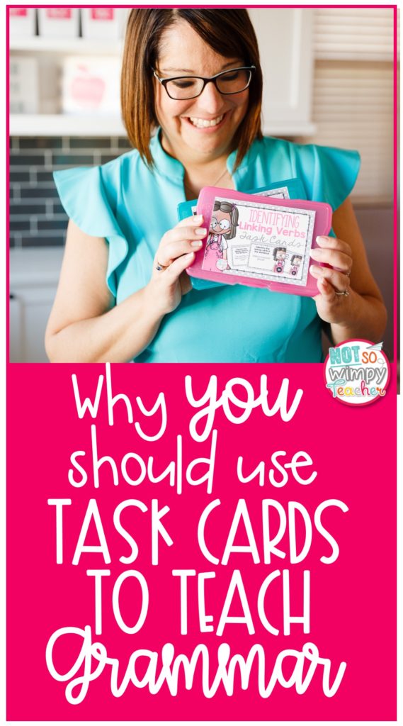 Pin image of teacher in teal top holding up task cards to teach grammar
