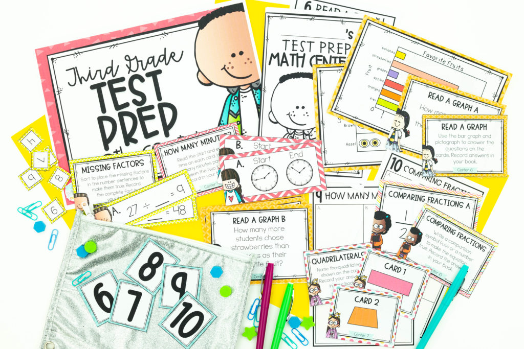 Math Test prep centers with geometry, fractions, time, graphing and more
