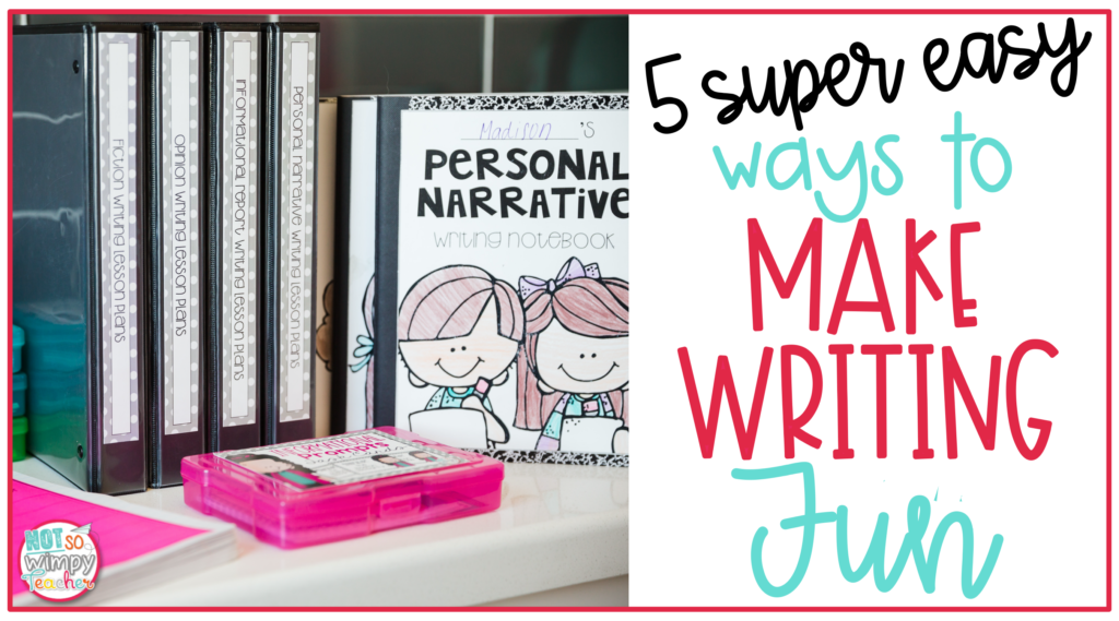 writing binders on shelf with personal narrative writing notebook and pink task card box