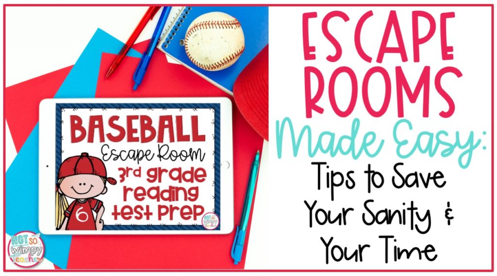 Escape Rooms made easy cover image featuring Baseball Escape Room 3rd grade reading test prep on white iPad