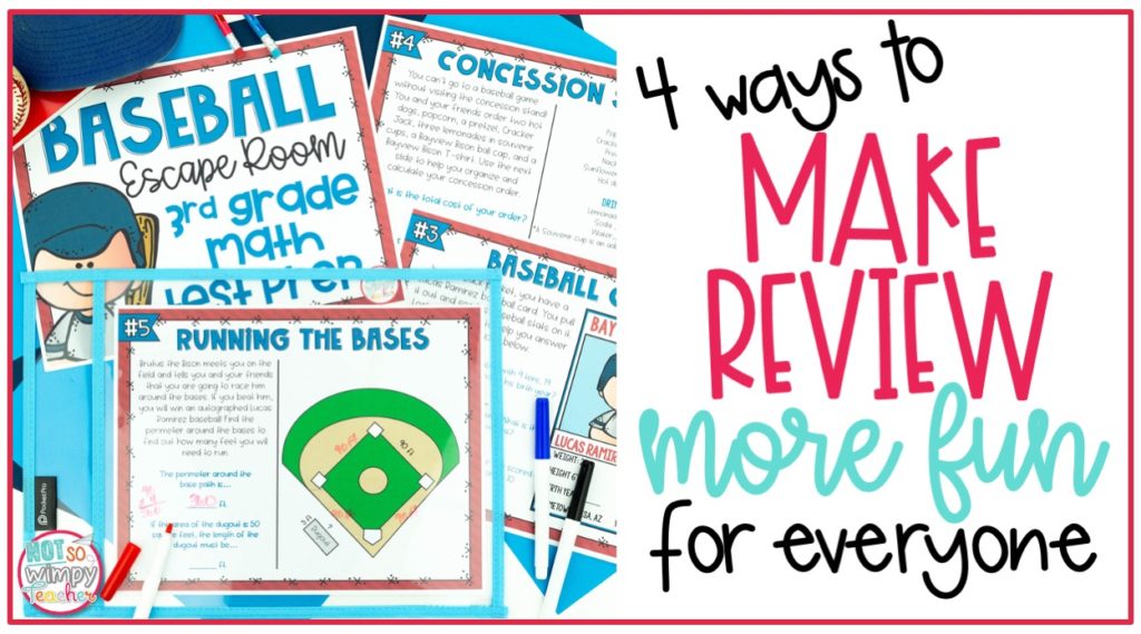 Printable baseball escape room pages on cover image of 4 ways to make review more fun for everyone