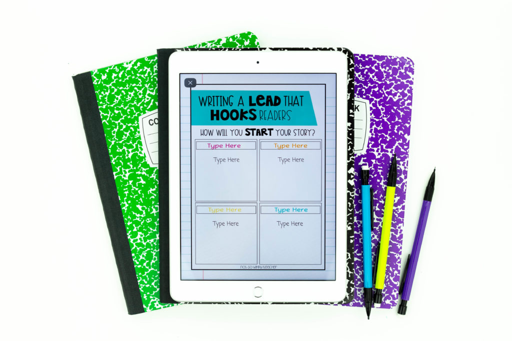 Writing a lead that hooks readers activity with blue header on white iPad with purple and green notebooks