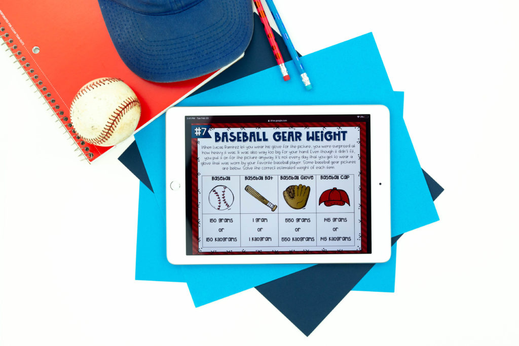Equipment estimation activity in math baseball escape room on white iPad with ball, hat and pencils