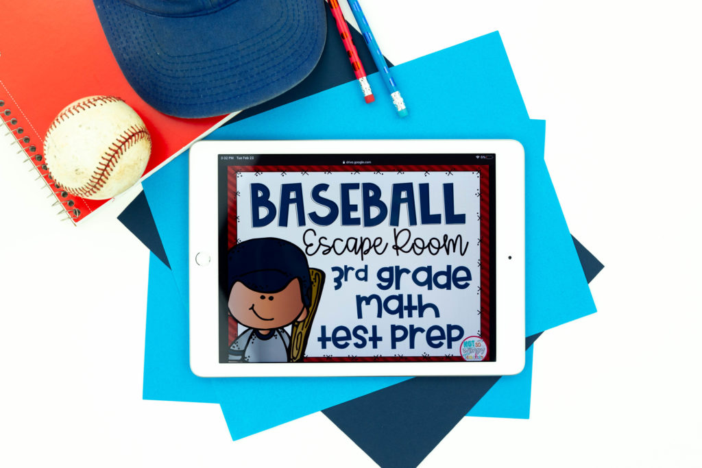 Baseball escape room 3rd grade math test prep cover on white iPad on blue paper with a scorebook, baseball, and hat shows another way to make review more fun