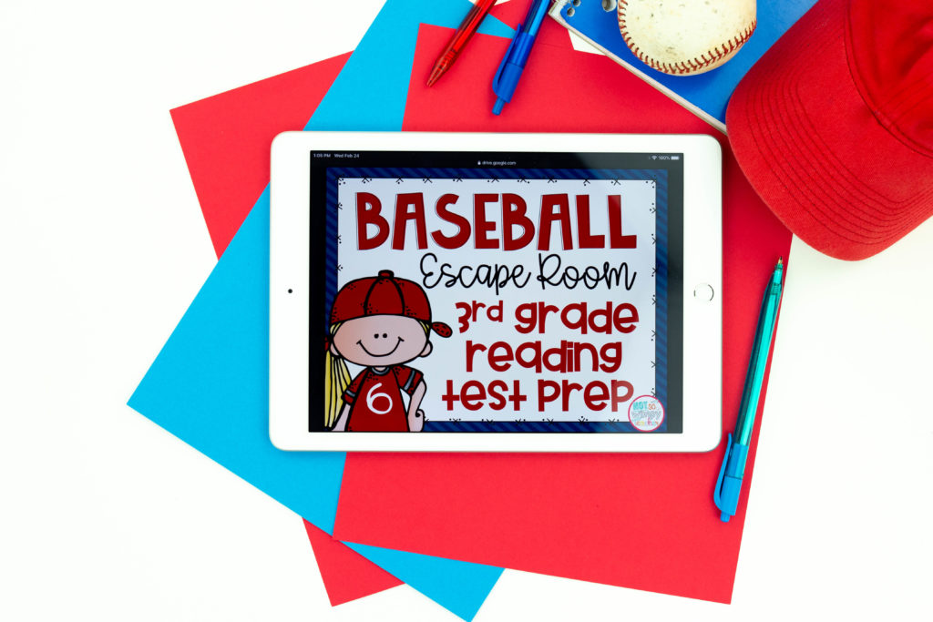 Cover image of Baseball escape room 3rd grade reading test prep in white iPad on red and blue papers with baseball and cap is a fun way to make review more fun