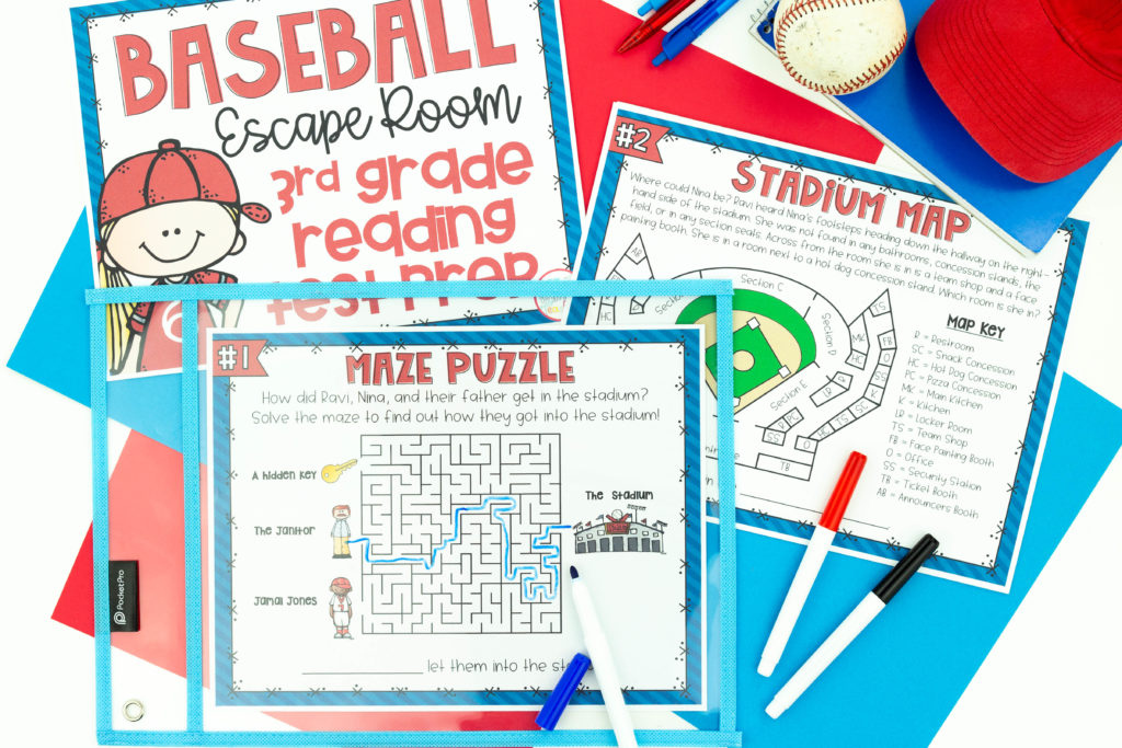 Printouts of baseball reading test prep activity with red, blue and black markers