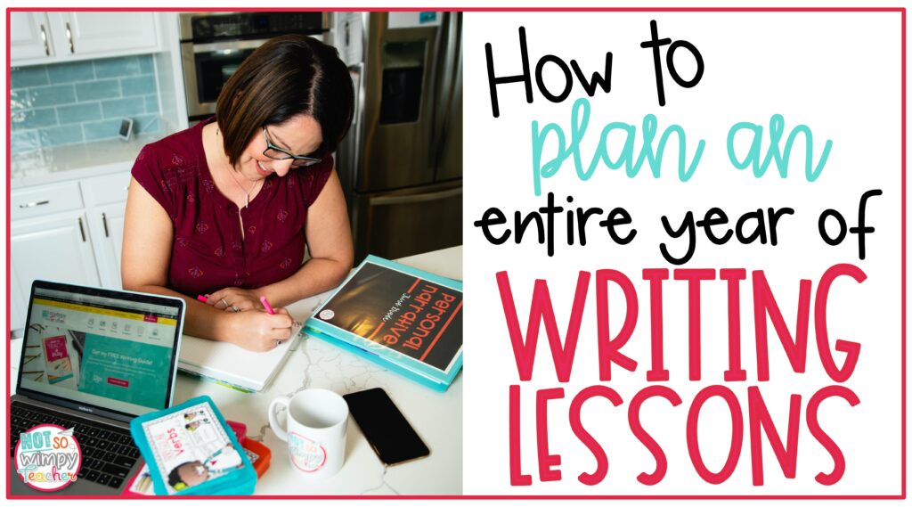 Cover image for How to Plan an Entire Year of Writing Lessons teacher sitting at kitchen counter with binders, laptop, coffee cup and iPhone
