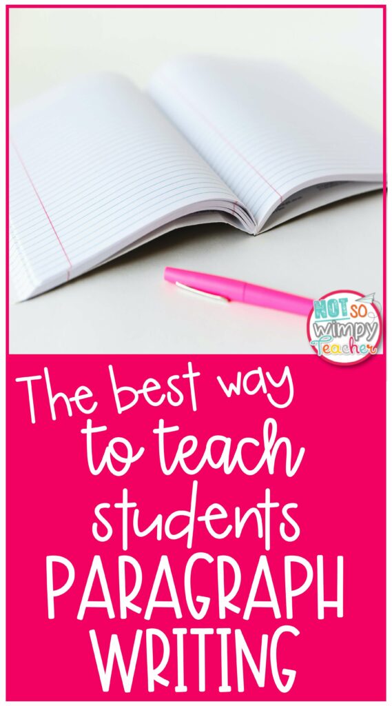 Pin for The Best Way to Teach Students Paragraph Writing with a blank notebook and pink pen on a table
